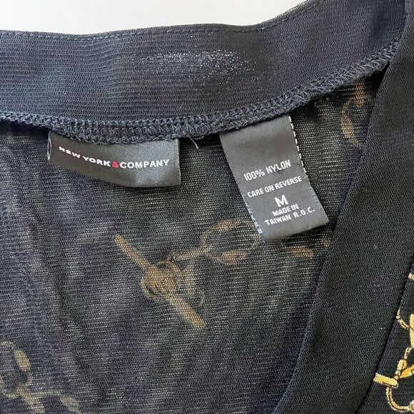 Vintage Y2K Black & Gold Chain Link Print Mesh Long Sleeve V-Neck Top MEDIUM - Picture 5 of 7